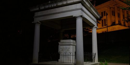 This night time photo of the tomb of president Polk, stationary for once. Find out why on our Nashville ghost tour.